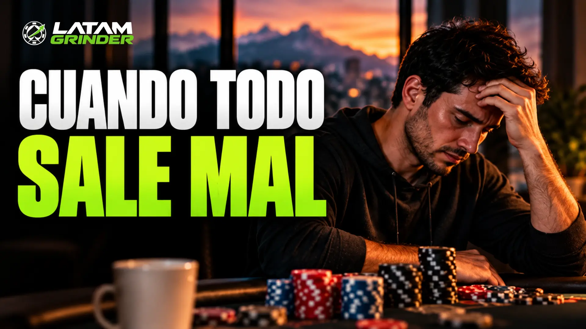 Hombre frustrado con la mano en la frente frente a una mesa de póker, después de un resultado desfavorable.